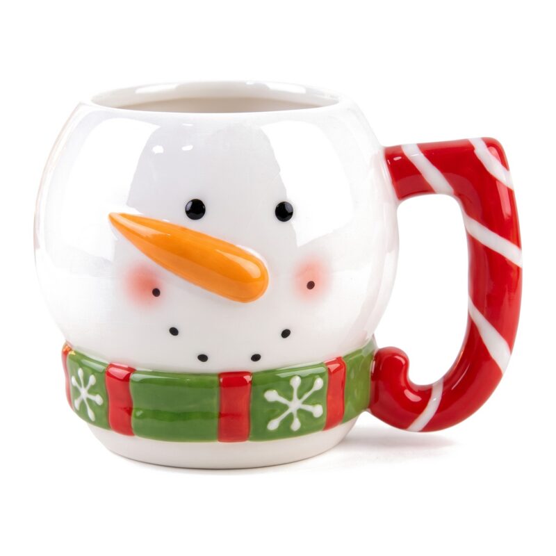 Kubki bałwanki ceramiczne 286 ml, zestaw 3 szt. do układania w stos - pojedynczy kubek z bliska, nos i szalik