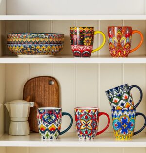 Kubki ceramiczne kolorowe 6 szt. 360, 420 lub 480 ml, wzór mozaika - otwarta półka kuchenna