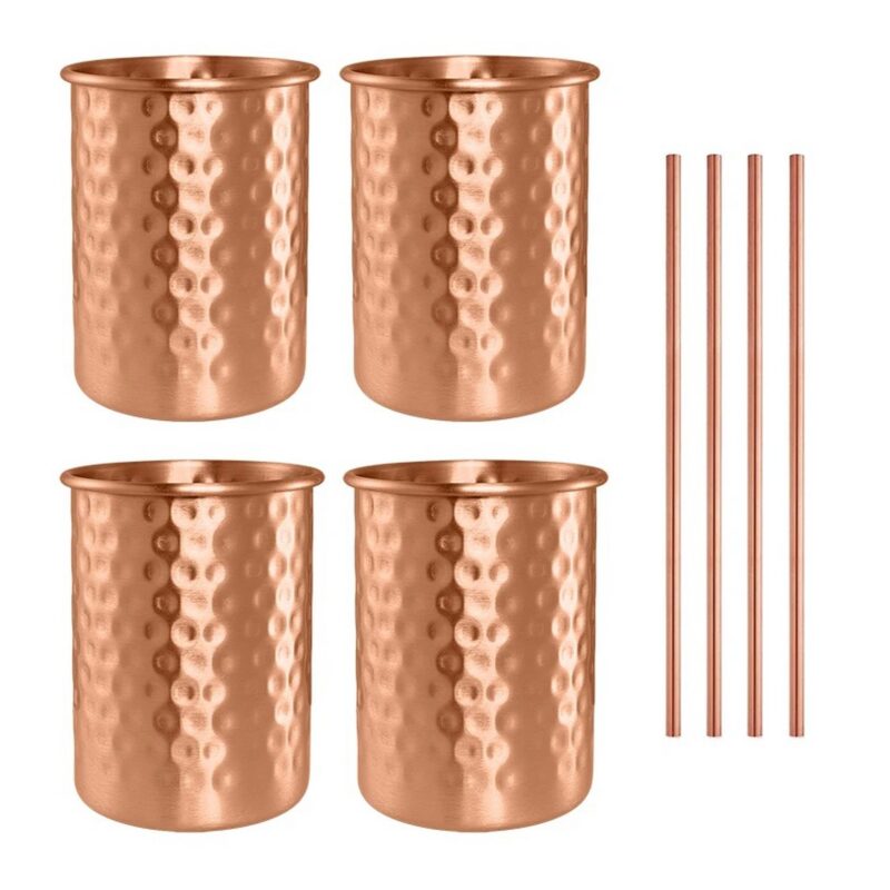 Kubki miedziane młotkowane 400 ml ze słomkami, zestaw 2 lub 4 szt. - wariant 4 kubki + 4 słomki