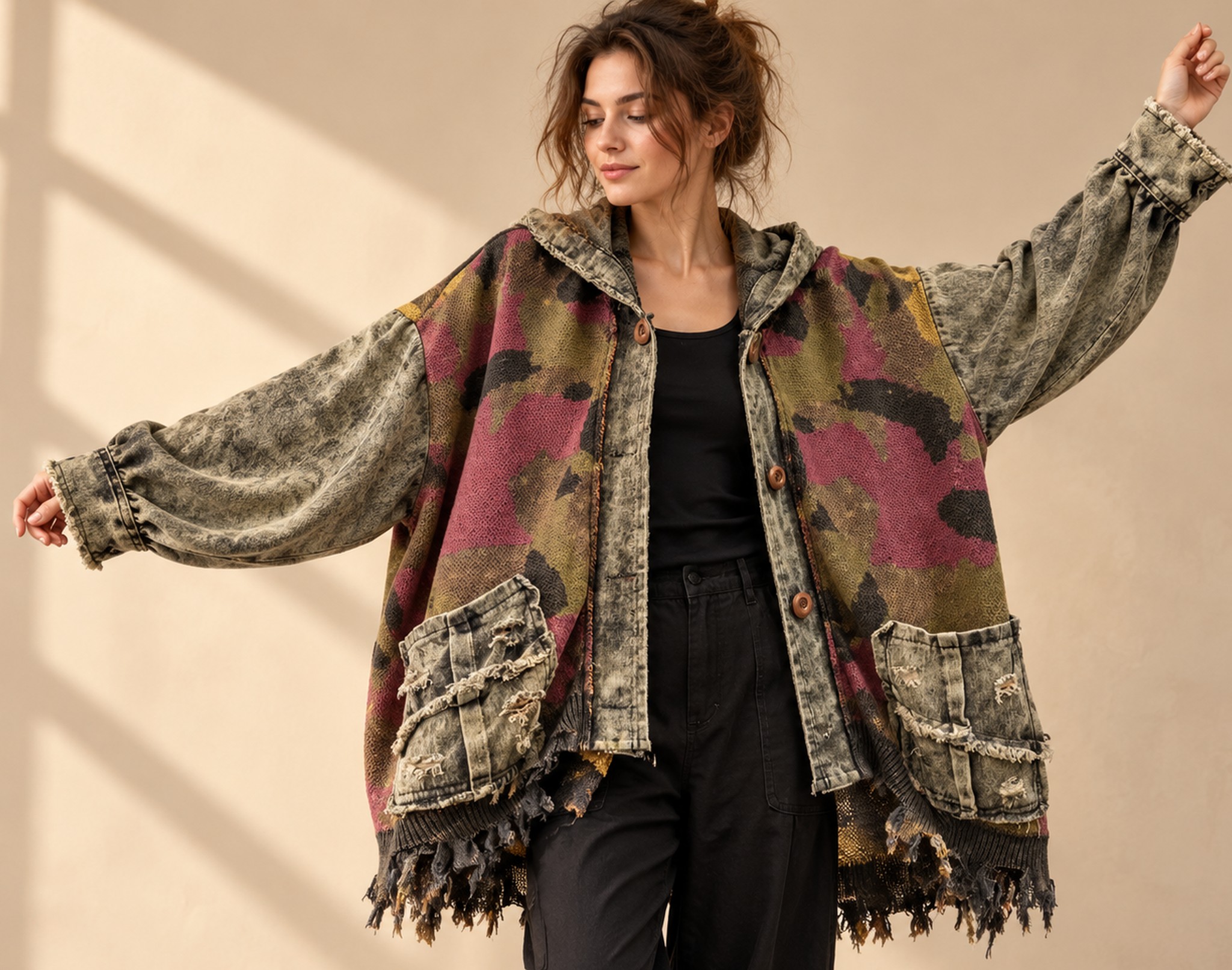 modelka w luźnej kurtce oversize z podniesionymi rękami, swoboda ruchu, jasne studio