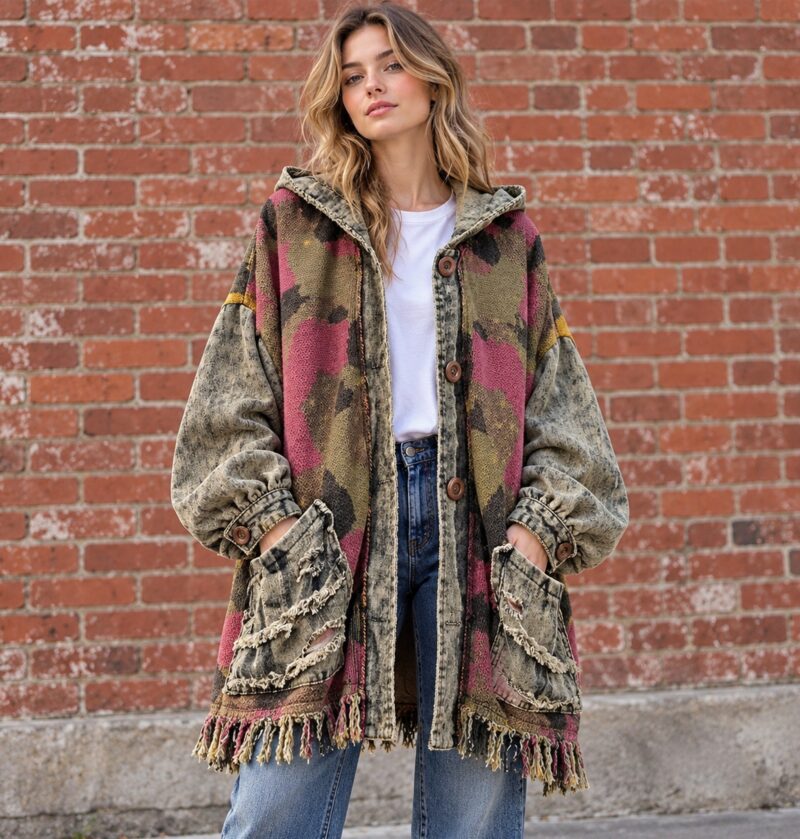 Kurtka damska z kapturem, denim i dzianina w plamy, oversize vintage - sesja miejska: modelka w kurtce narzuconej na białą koszulkę i proste jeansy, ceglany mur, miękkie światło dnia