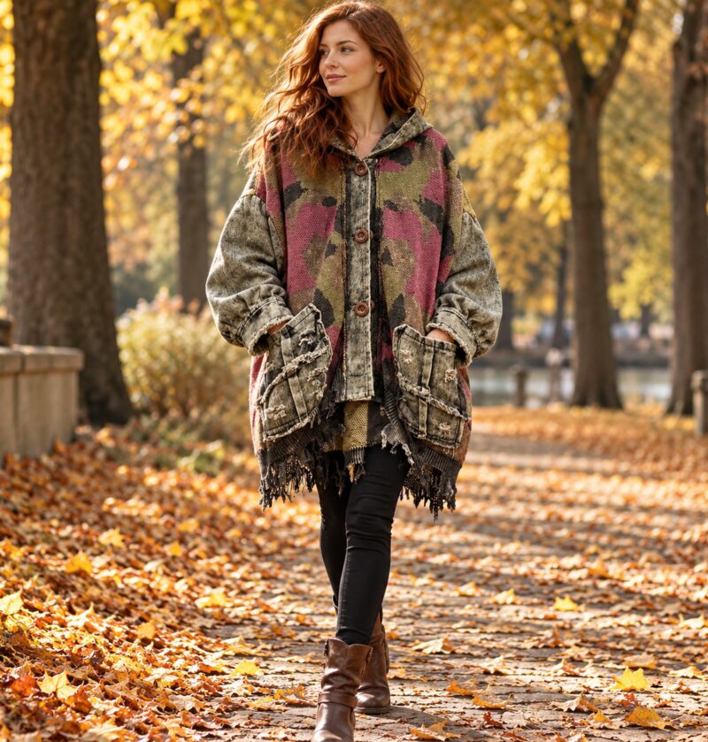 Kurtka damska z kapturem, denim i dzianina w plamy, oversize vintage - modelka w kurtce i czarnych legginsach w jesiennym parku