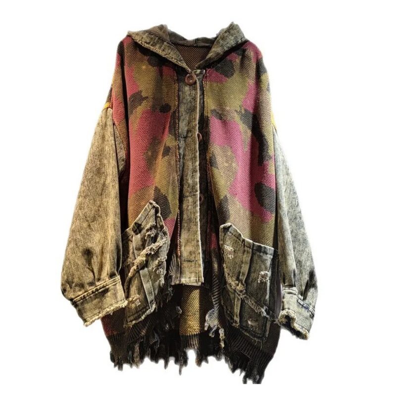 Kurtka damska z kapturem, denim i dzianina w plamy, oversize vintage - wariant wariant