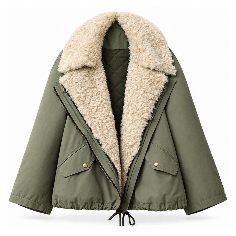 Kurtka damska ocieplana z kożuszkiem, luźna, krótka, oliwkowa lub brązowa - wariant oliwkowy, L