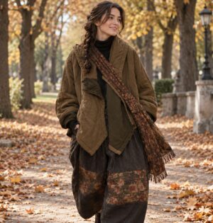 Kurtka damska pikowana z bawełny i lnu, asymetryczna, krótka, vintage - modelka w kurtce khaki w jesiennym parku