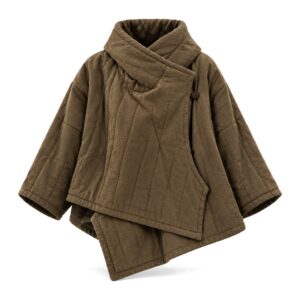 Kurtka damska pikowana z bawełny i lnu, asymetryczna, krótka, vintage - wariant ciemny khaki, przód