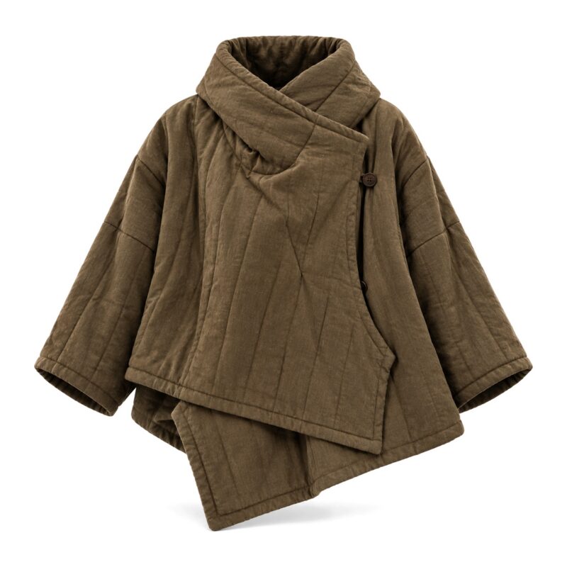 Kurtka damska pikowana z bawełny i lnu, asymetryczna, krótka, vintage - wariant ciemny khaki, przód