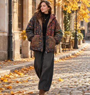 Kurtka damska pikowana z kapturem we wzór kwiatowy, patchwork vintage - modelka w kurtce na jesiennej ulicy starego miasta