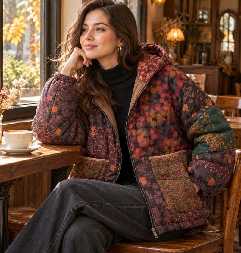 Kurtka damska pikowana z kapturem we wzór kwiatowy, patchwork vintage - modelka w bordowej kurtce w kawiarni