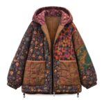 Kurtka damska pikowana z kapturem we wzór kwiatowy, patchwork vintage - zdjęcie główne