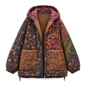 Kurtka damska pikowana z kapturem we wzór kwiatowy, patchwork vintage - zdjęcie główne