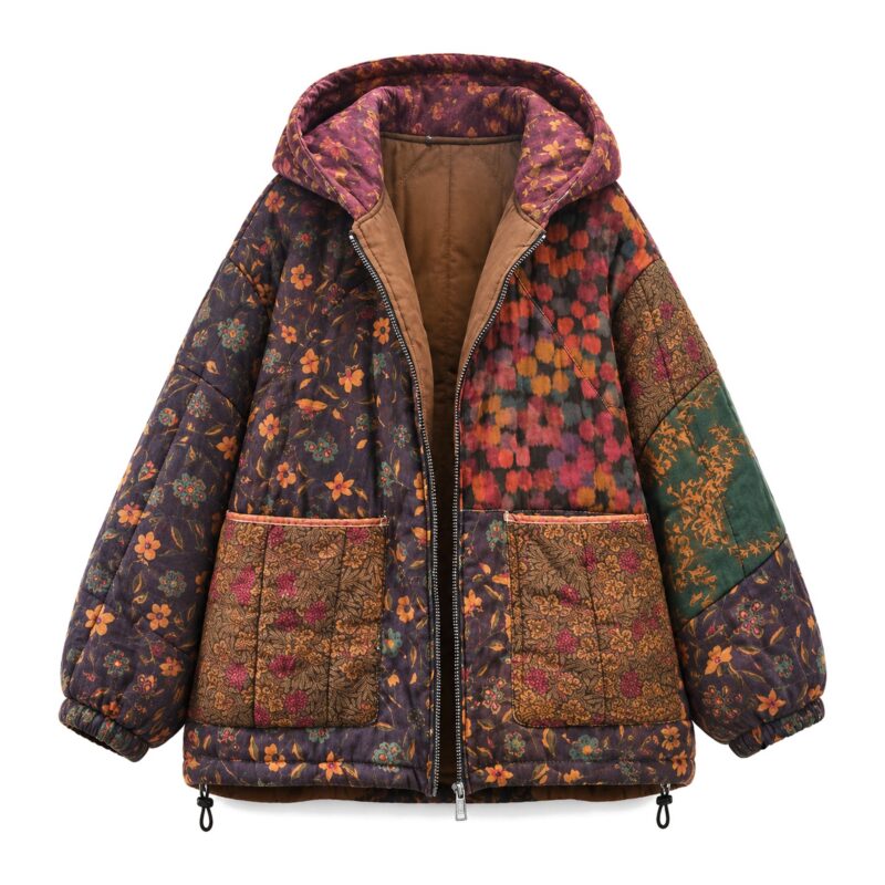 Kurtka damska pikowana z kapturem we wzór kwiatowy, patchwork vintage - zdjęcie główne