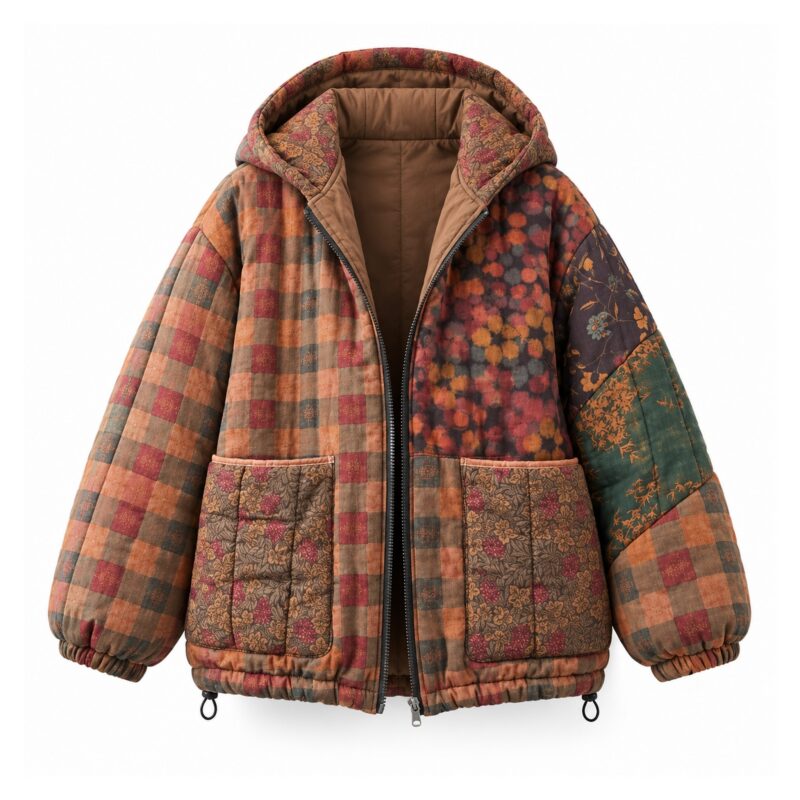 Kurtka damska pikowana z kapturem we wzór kwiatowy, patchwork vintage - wariant rudy w kratę