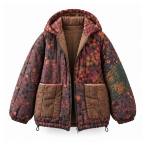 Kurtka damska pikowana z kapturem we wzór kwiatowy, patchwork vintage - wariant bordowy patchwork