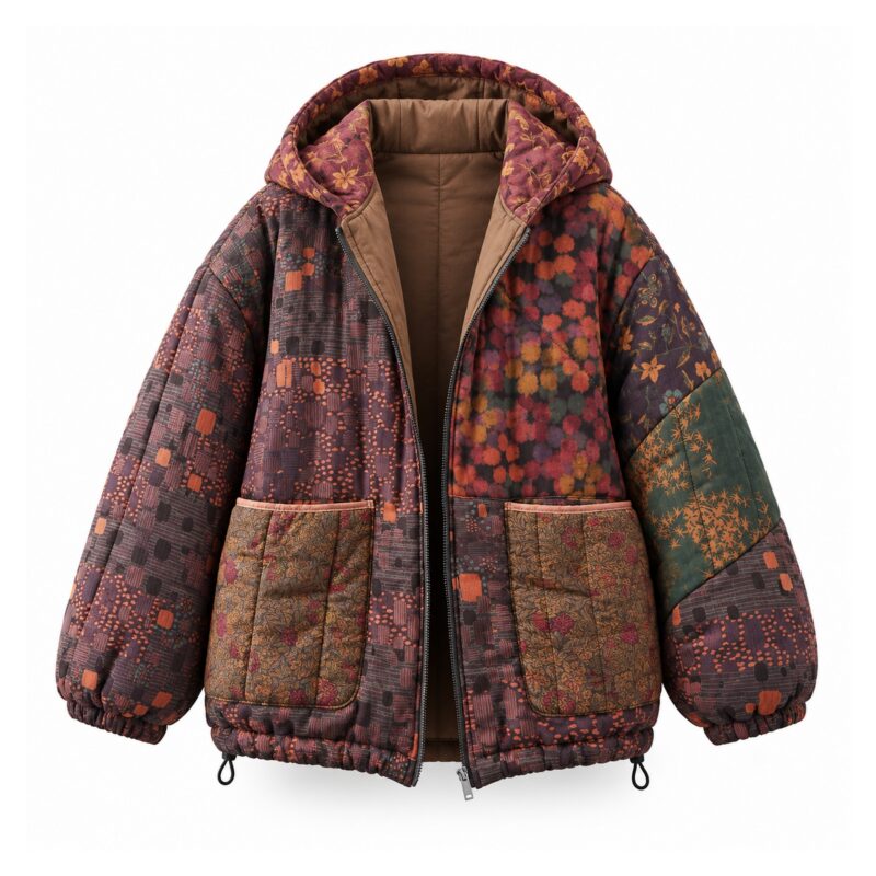 Kurtka damska pikowana z kapturem we wzór kwiatowy, patchwork vintage - wariant bordowy patchwork