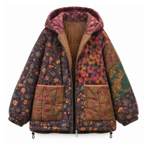 Kurtka damska pikowana z kapturem we wzór kwiatowy, patchwork vintage - wariant granatowy w kwiaty
