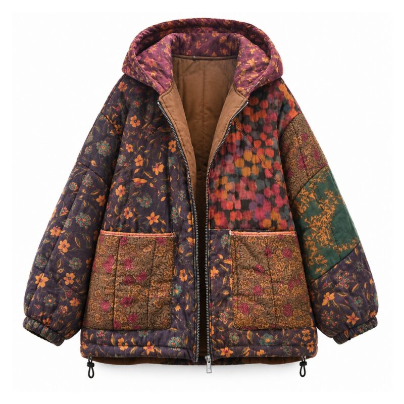 Kurtka damska pikowana z kapturem we wzór kwiatowy, patchwork vintage - wariant granatowy w kwiaty