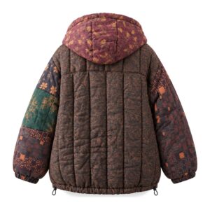 Kurtka damska pikowana z kapturem we wzór kwiatowy, patchwork vintage - tył kurtki z kapturem, ghost mannequin