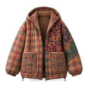 Kurtka damska pikowana z kapturem we wzór kwiatowy, patchwork vintage - wariant w kratę, przód, ghost mannequin