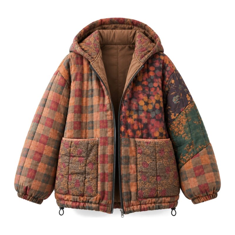 Kurtka damska pikowana z kapturem we wzór kwiatowy, patchwork vintage - wariant w kratę, przód, ghost mannequin