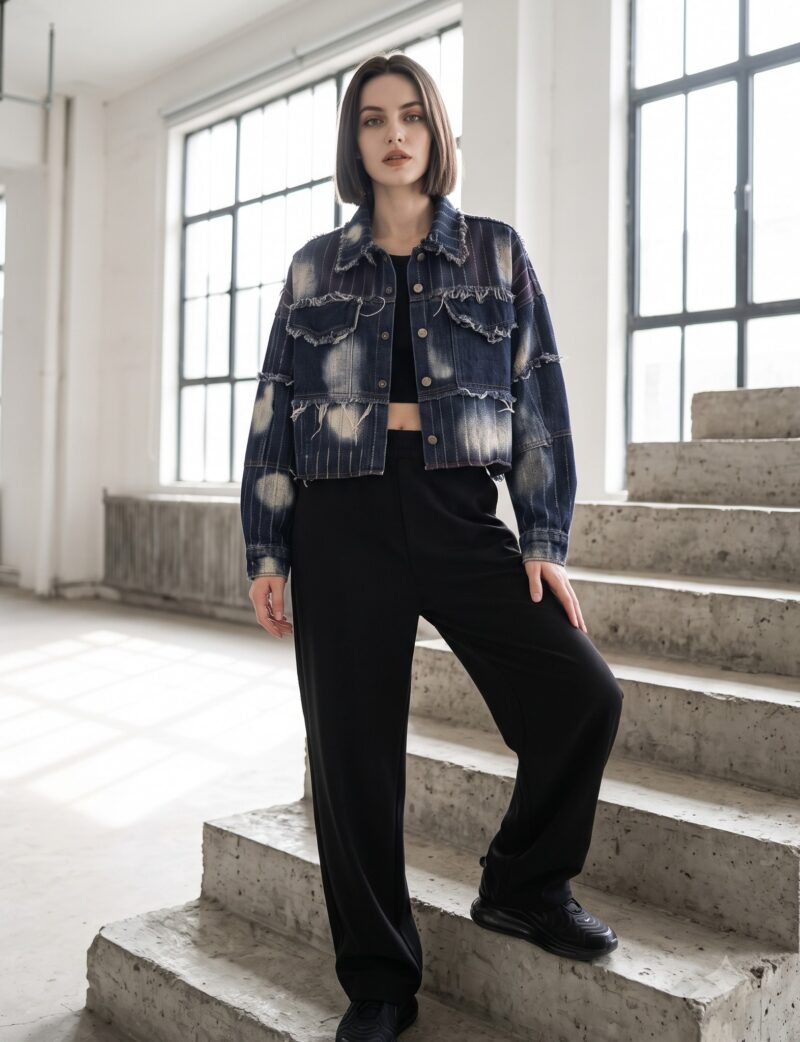 Kurtka jeansowa damska krótka patchwork z przetarciami, granatowa - betonowe schody w industrialnym wnętrzu, modelka w kurtce zapiętej, czarne sneakersy