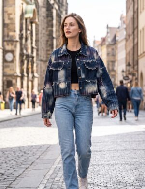 Kurtka jeansowa damska krótka patchwork z przetarciami, granatowa - miejska ulica z betonową ścianą, modelka w kurtce oparta o ścianę