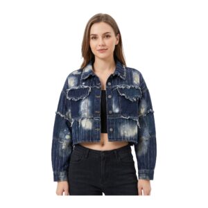 Kurtka jeansowa damska krótka patchwork z przetarciami, granatowa - zdjęcie główne