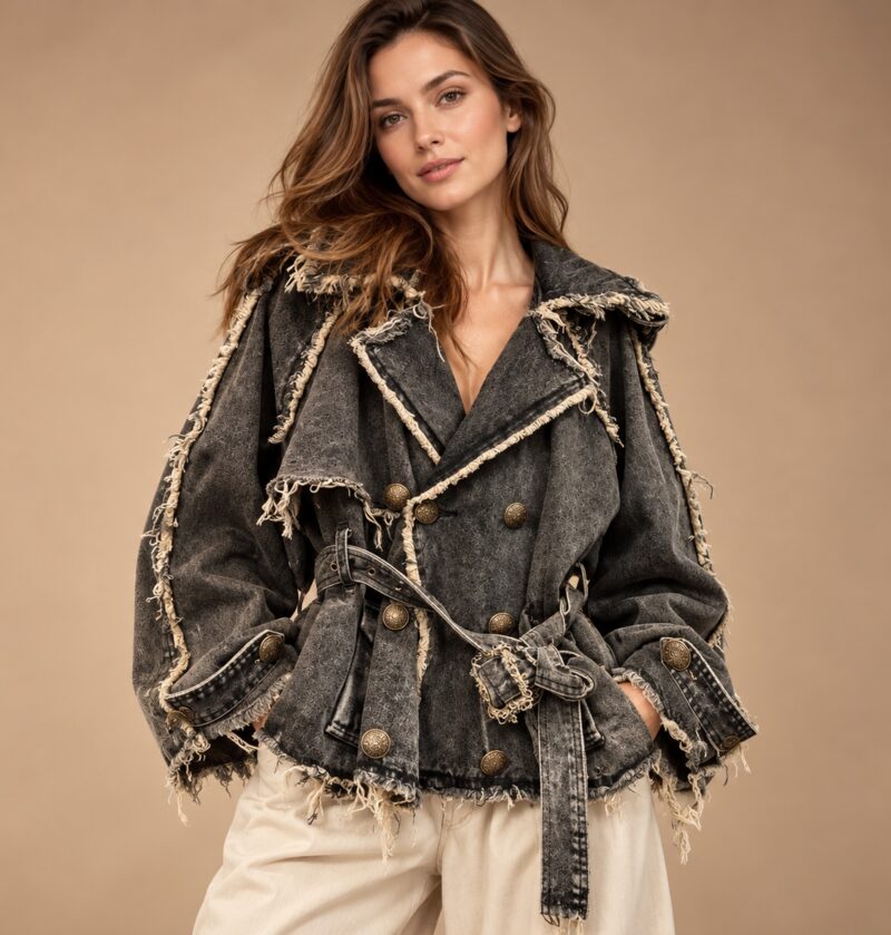 Kurtka jeansowa damska oversize z postrzępionymi brzegami i paskiem - modelka w czarnej kurtce, studio z tłem w kolorze piasku