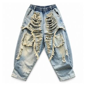 Damska kurtka lub spodnie haremki z frędzlami i dziurami, vintage - wariant spodnie, niebieski, XL