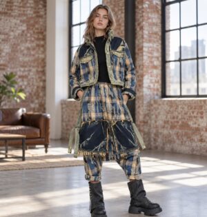 Kurtka i spodnie haremki damskie patchwork w kratę, efekt denimu - modelka w rozpiętej kurtce i haremkach z opuszczonymi szelkami w industrialnym lofcie