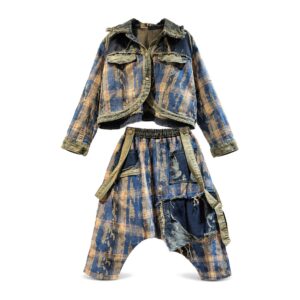 Kurtka i spodnie haremki damskie patchwork w kratę, efekt denimu - zdjęcie główne