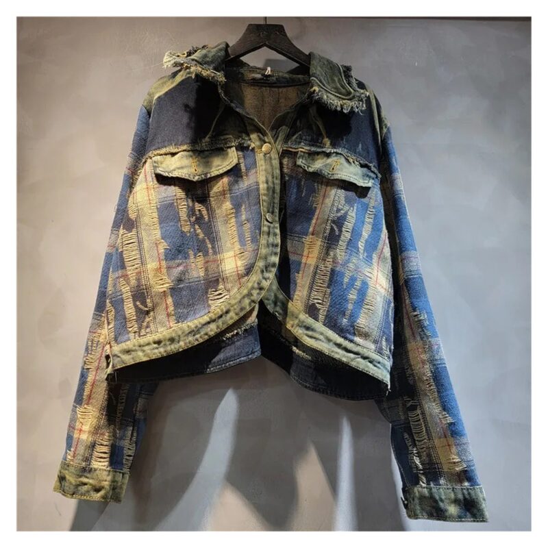 Kurtka i spodnie haremki damskie patchwork w kratę, efekt denimu - wariant kurtka, S