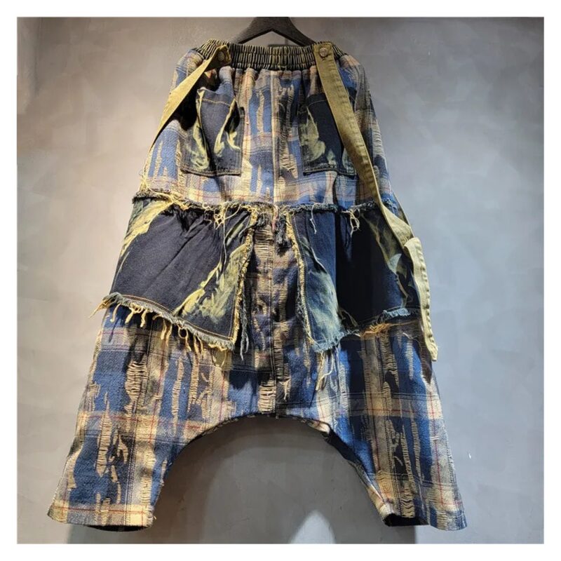 Kurtka i spodnie haremki damskie patchwork w kratę, efekt denimu - wariant spodnie, S