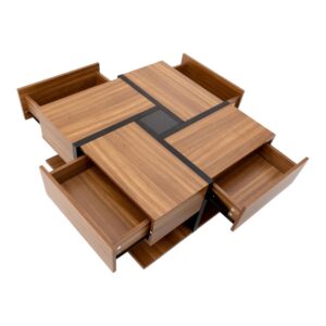 Kwadratowy stolik kawowy z 4 szufladami i półką 78 x 78 cm, drewno i czerń - widok produktu