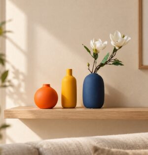 Mały wazon ceramiczny matowy z wąską szyjką, nordycki, 3 kolory - nordycka półka w salonie z trzema wazonami i gałązką magnolii
