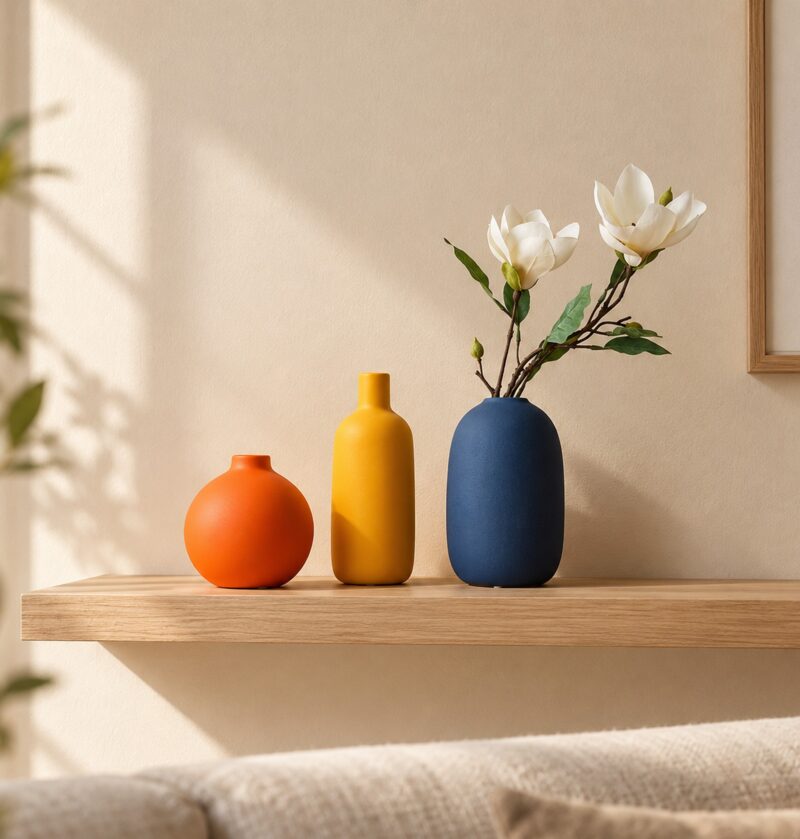 Mały wazon ceramiczny matowy z wąską szyjką, nordycki, 3 kolory - nordycka półka w salonie z trzema wazonami i gałązką magnolii