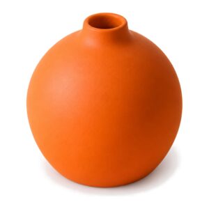 Mały wazon ceramiczny matowy z wąską szyjką, nordycki, 3 kolory - pomarańczowy kulisty wazon widziany z góry pod kątem, wąska szyjka
