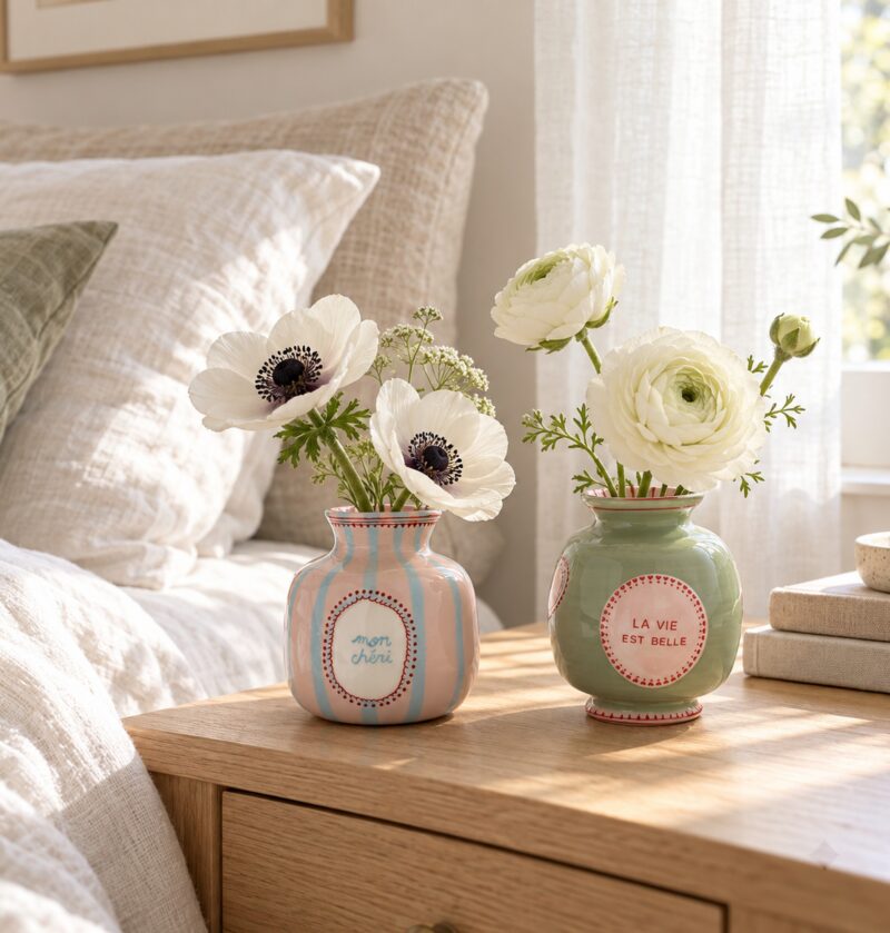 Mały wazon ceramiczny w pastelowe paski 12 cm, różowy lub zielony - jasna sypialnia z lnianą pościelą, oba wazony z białymi kwiatami na stoliku nocnym