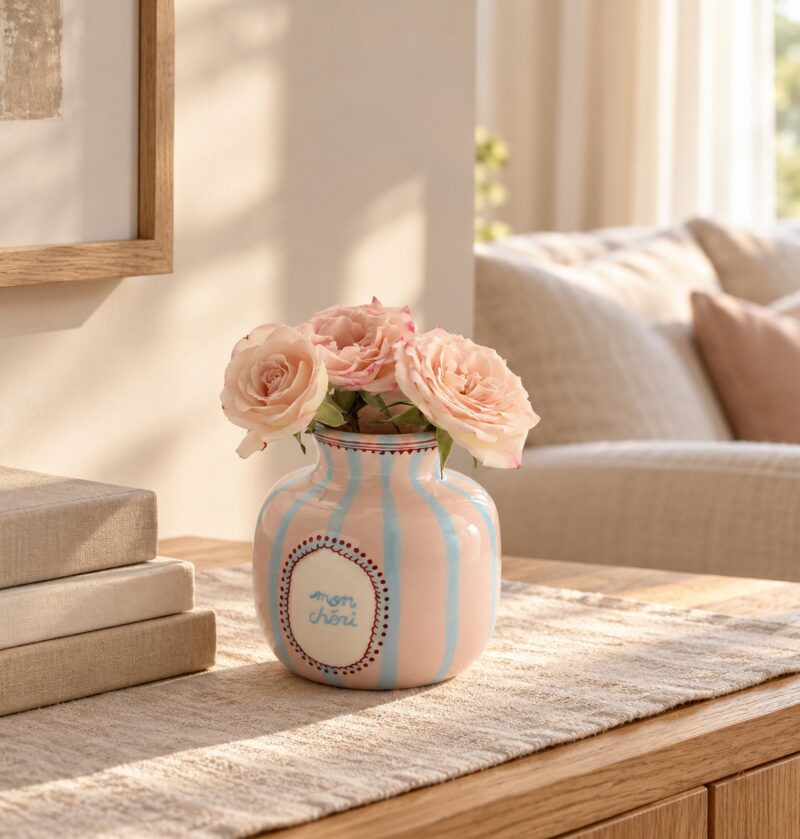 Mały wazon ceramiczny w pastelowe paski 12 cm, różowy lub zielony - salon, różowy wazon w paski z bukietem róż na komodzie