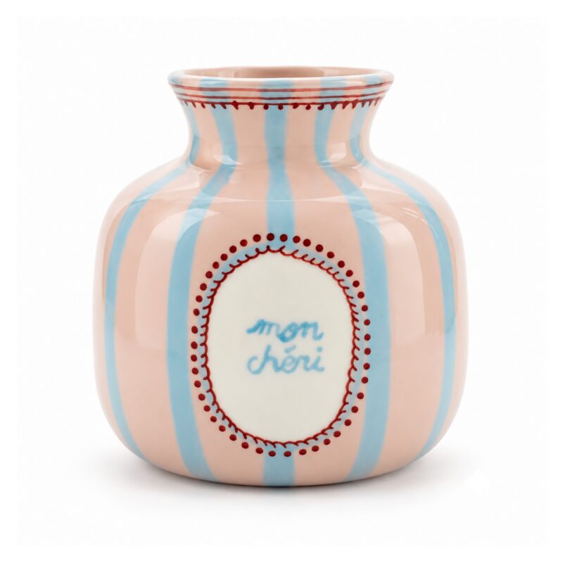 Mały wazon ceramiczny w pastelowe paski 12 cm, różowy lub zielony - wariant różowy