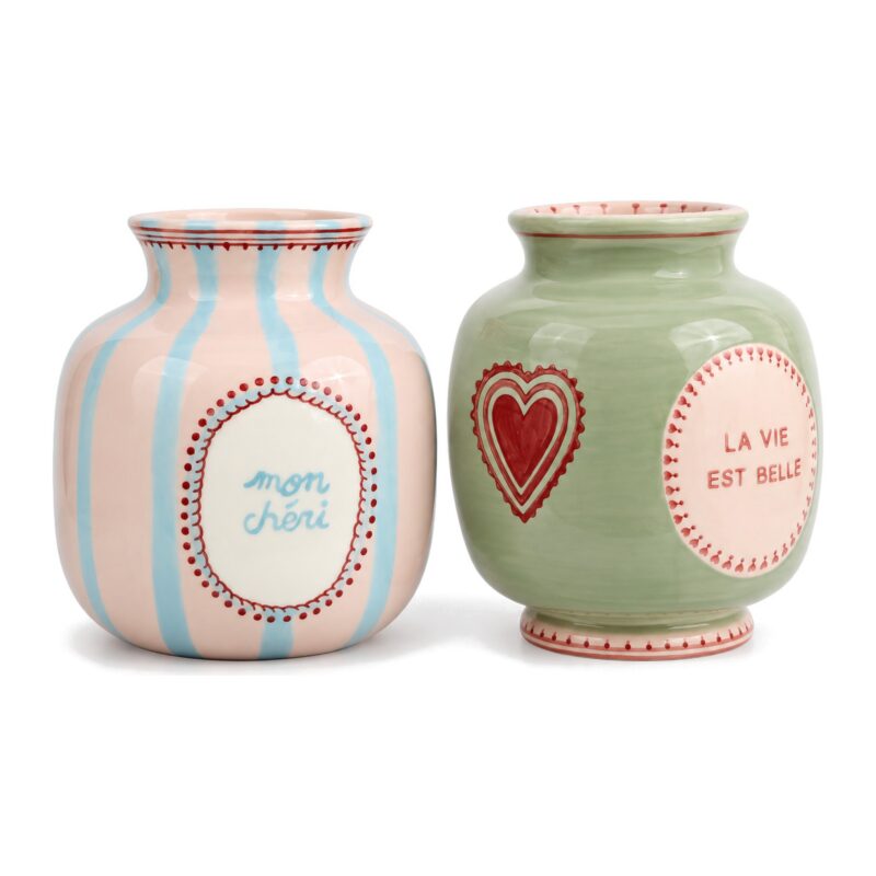 Mały wazon ceramiczny w pastelowe paski 12 cm, różowy lub zielony - oba warianty: różowy w paski i zielony z sercem na białym tle