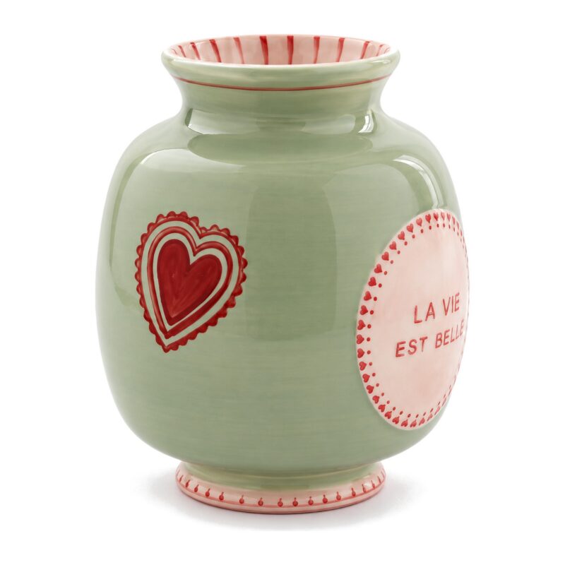 Mały wazon ceramiczny w pastelowe paski 12 cm, różowy lub zielony - zielony wazon z bokiem z sercem, widok 3/4