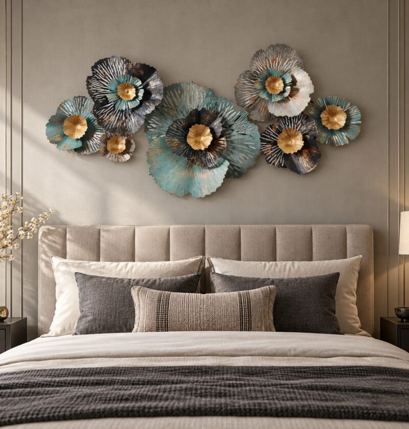 Dekoracja ścienna metalowa 3D, kwiaty i liście, kute żelazo 125-159 cm - sypialnia w odcieniach grafitu i beżu, morsko-złota dekoracja 125 x 61 cm nad wezgłowiem łóżka