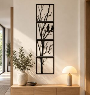 Metalowa dekoracja ścienna drzewo z ptakami, 4 panele 29 x 29 cm, czarna - ciepłe wnętrze w stylu orientalnym z bonsai po obu stronach