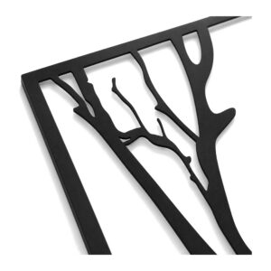 Metalowa dekoracja ścienna drzewo z ptakami, 4 panele 29 x 29 cm, czarna - detal: wycięte gałęzie połączone z ramką, na białym tle