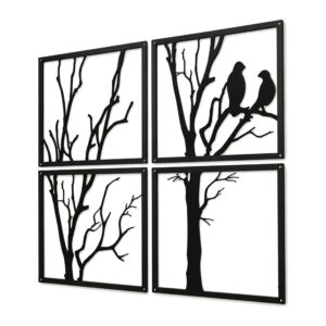 Metalowa dekoracja ścienna drzewo z ptakami, 4 panele 29 x 29 cm, czarna - cztery panele w ujęciu 3/4 z boku, widoczna grubość metalu, na białym tle