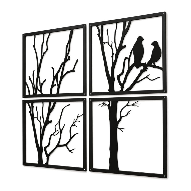 Metalowa dekoracja ścienna drzewo z ptakami, 4 panele 29 x 29 cm, czarna - cztery panele w ujęciu 3/4 z boku, widoczna grubość metalu, na białym tle