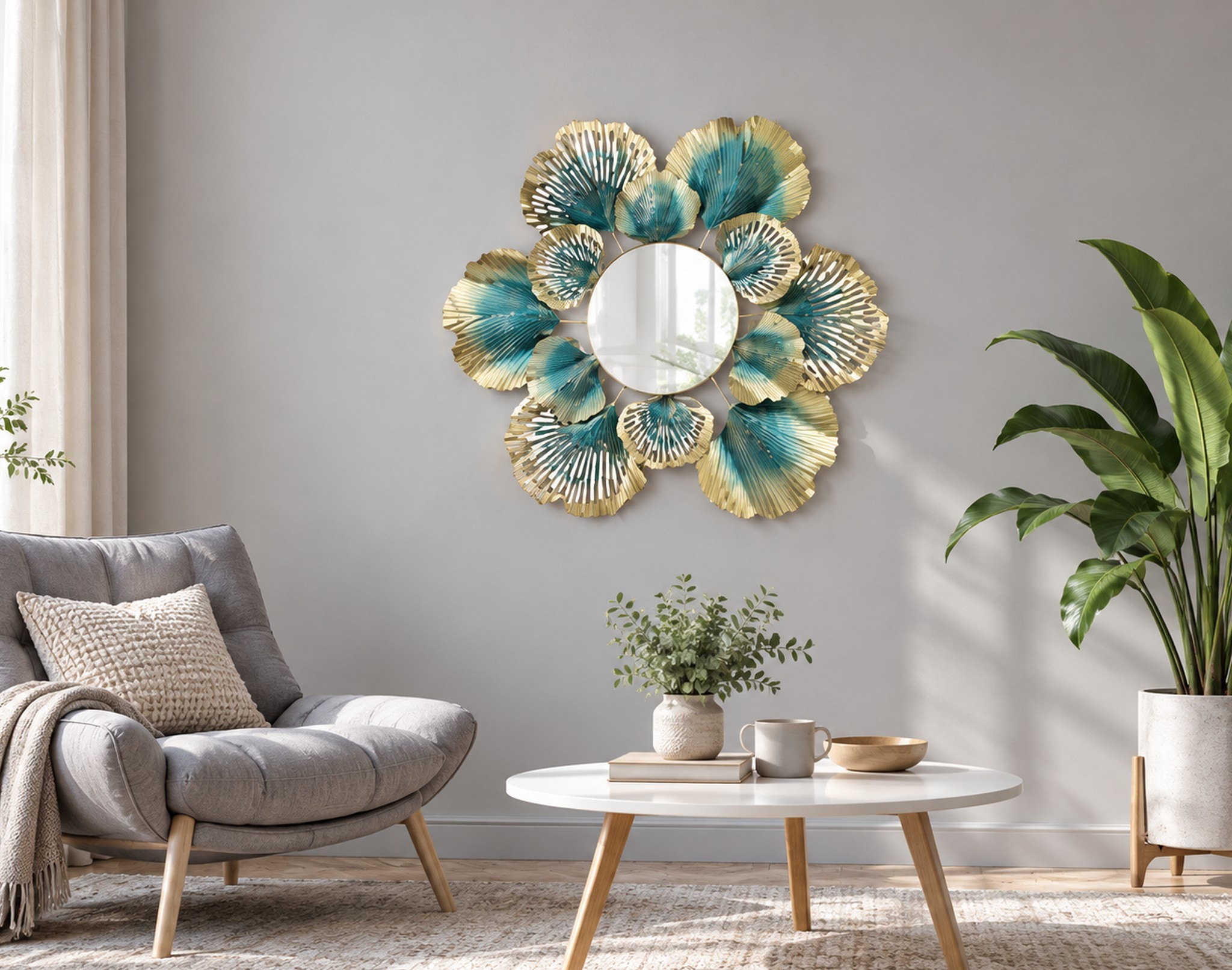 kwiat z lusterkiem na szarej ścianie w salonie z fotelem i stolikiem, bez napisów