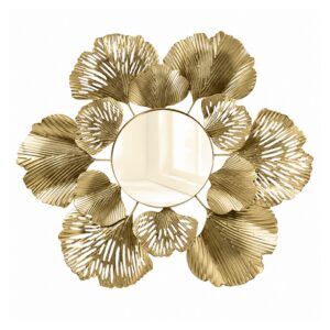 Metalowa dekoracja ścienna kwiat z liści miłorzębu, złota lub z turkusem - wariant złoty, kwiat z lusterkiem 40 x 46 cm