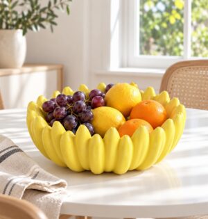 Misa ceramiczna na owoce w kształcie bananów 27 cm, żółta - jasna jadalnia, misa z winogronami i owocami na białym stoliku